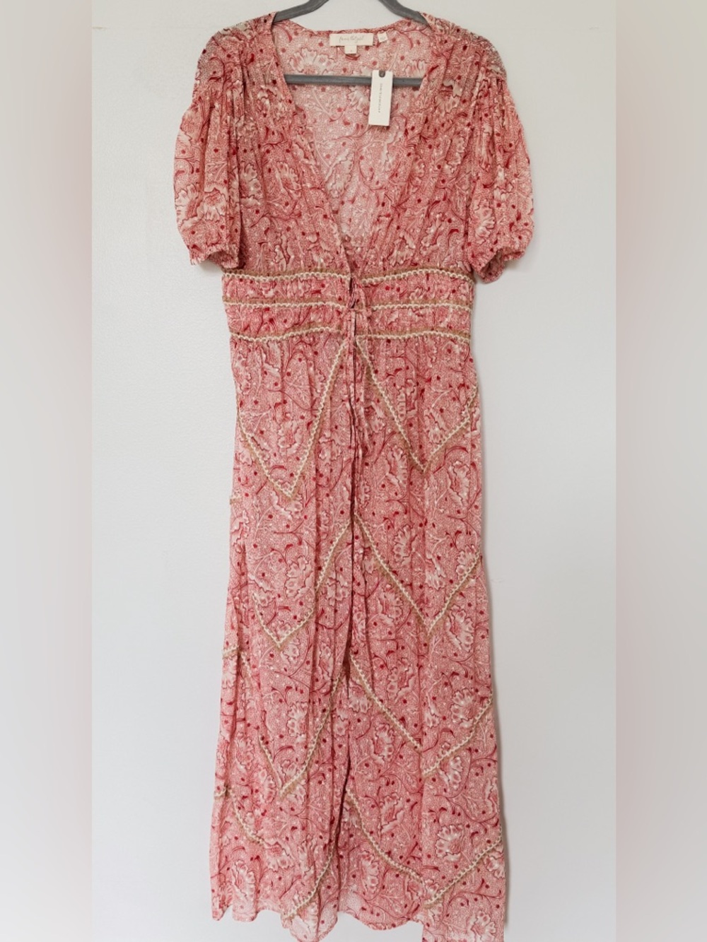 Anthropologie Red Floral Boho Maxi Duster Dress Overlay Crochet Trim Tie Front M